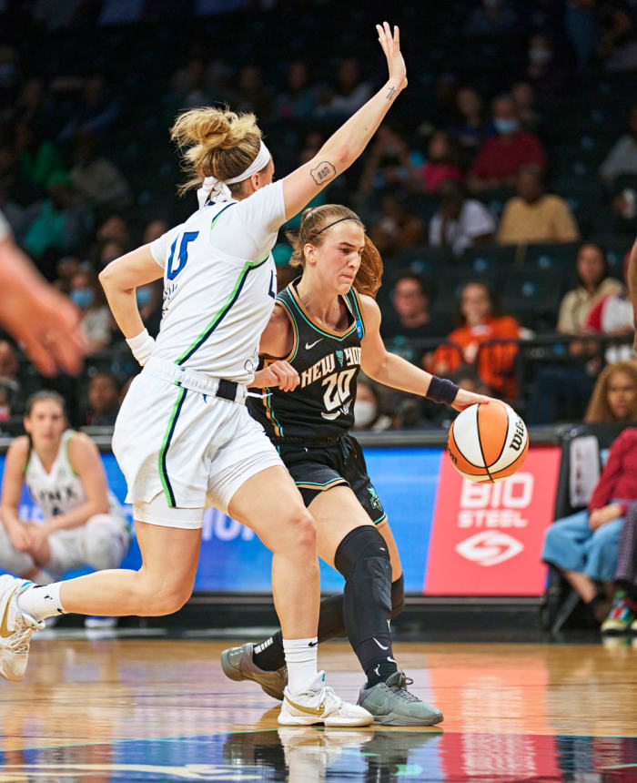 New York Liberty’s Sabrina Ionescu dribbles vs Minnesota Lynx at Barclays Center.